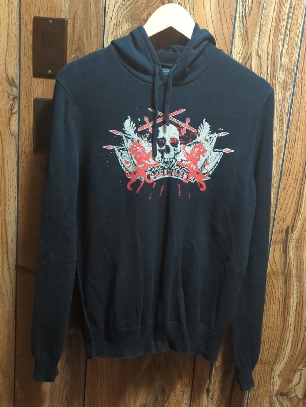 Express Design Studio Men's Knit Skull Hoodie Sweater Size M Black 100% Cotton
